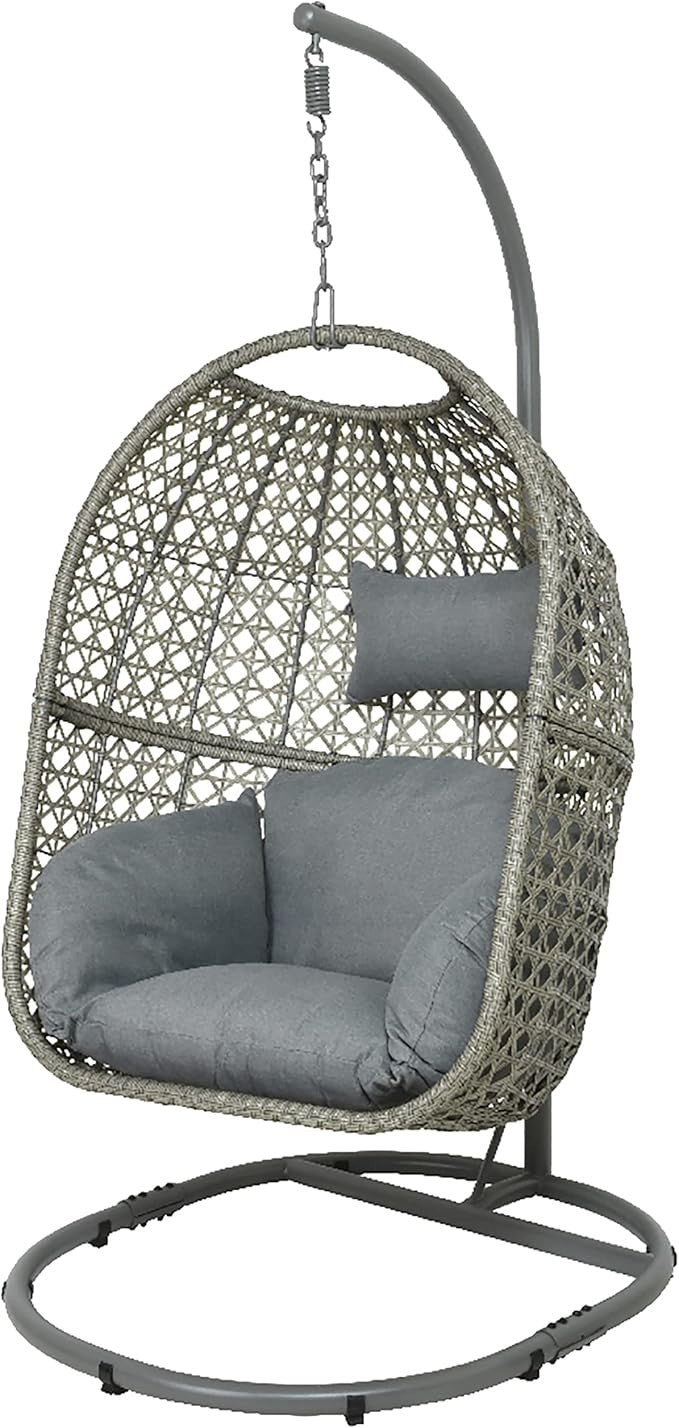 Luxury Rattan Hanging Egg Chair with Stand Indoor Outdoor Swing Seat Grey - Kwikley