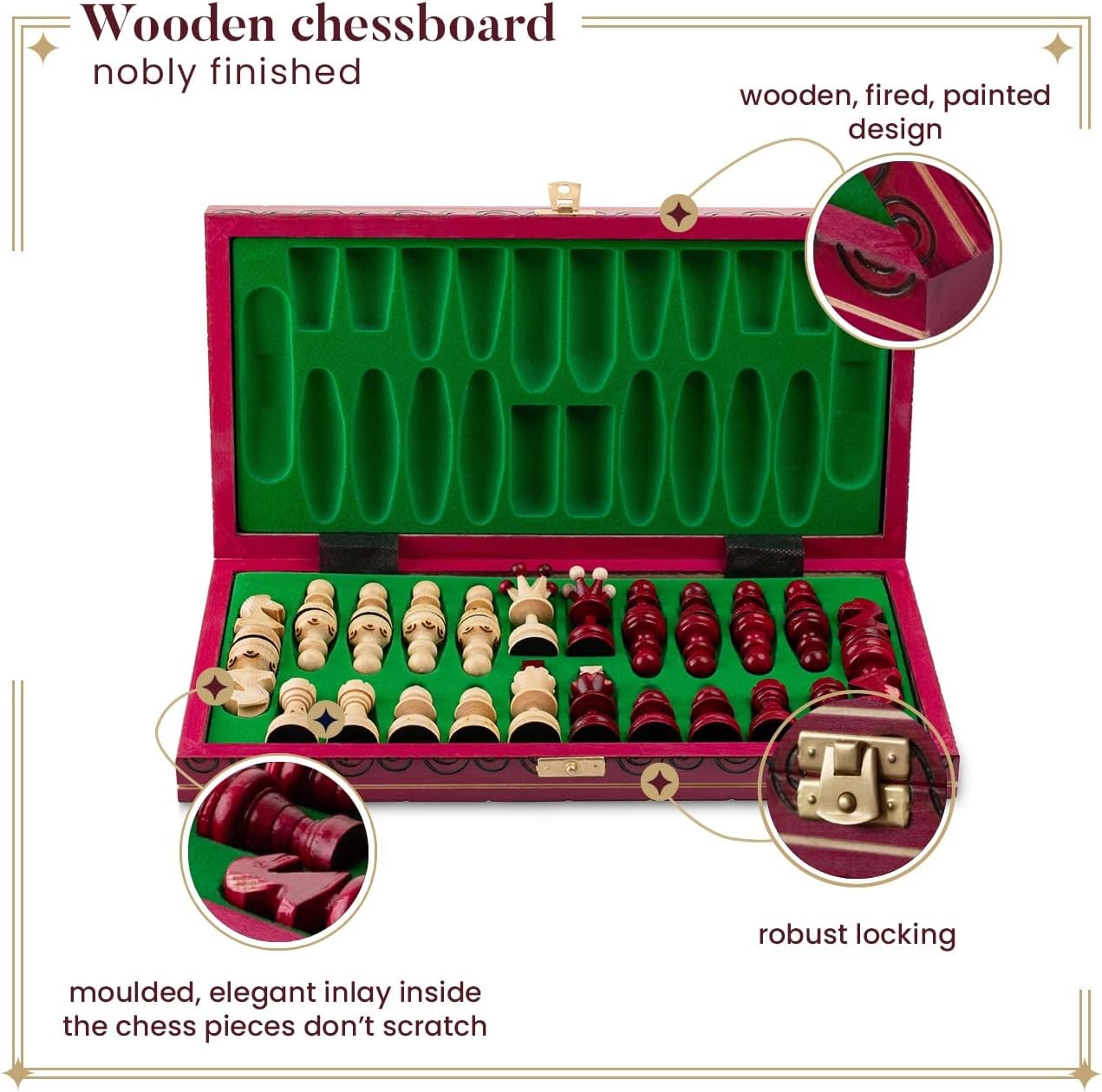 Luxury Red 35cm Wooden Chess Set | Handcrafted Travel Board | Premium Portable G - Kwikley