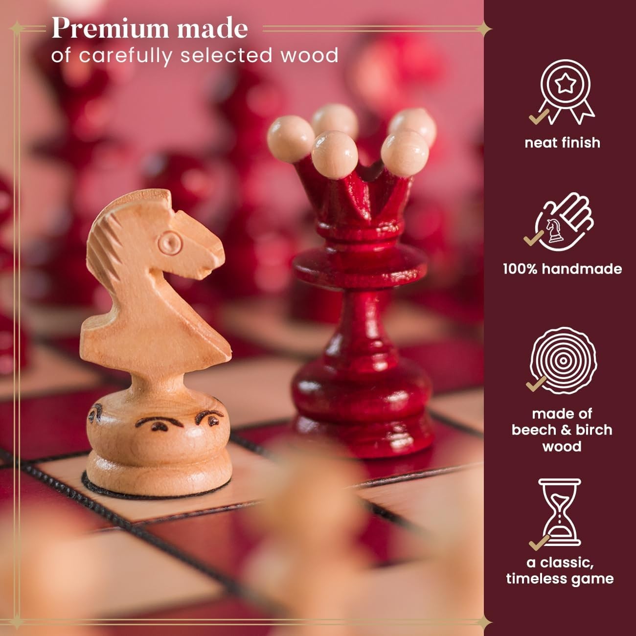 Luxury Red 35cm Wooden Chess Set | Handcrafted Travel Board | Premium Portable G - Kwikley