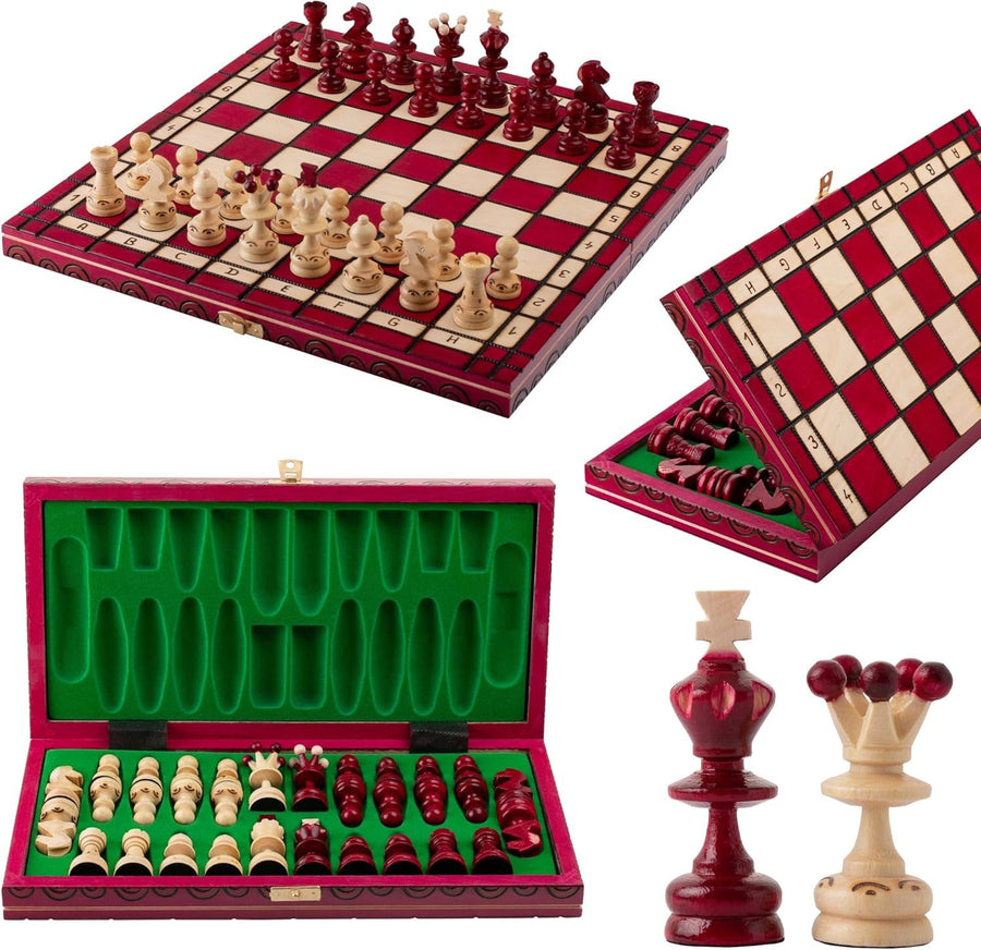 Luxury Red 35cm Wooden Chess Set | Handcrafted Travel Board | Premium Portable G - Kwikley
