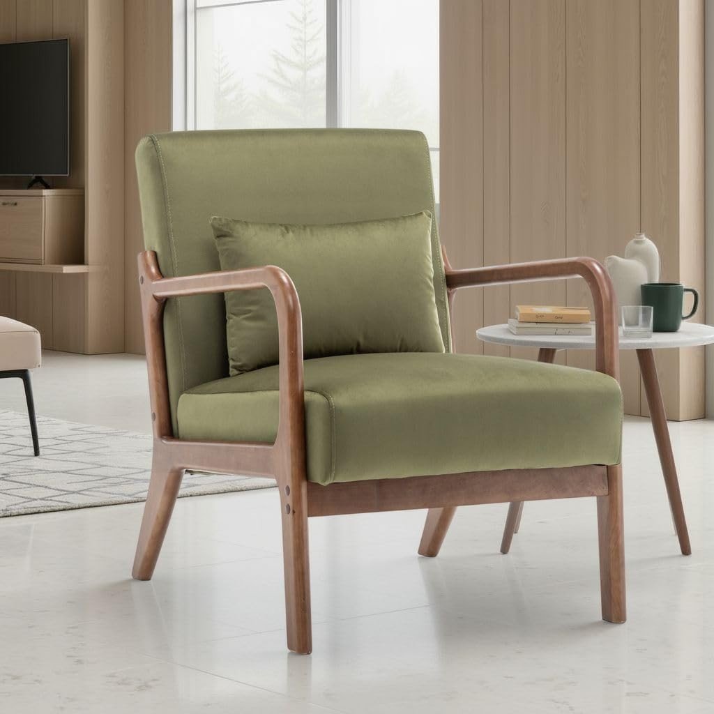 Luxury Sage Green Velvet Accent Chair w/ Lumbar Cushion – Small Armchair - Kwikley