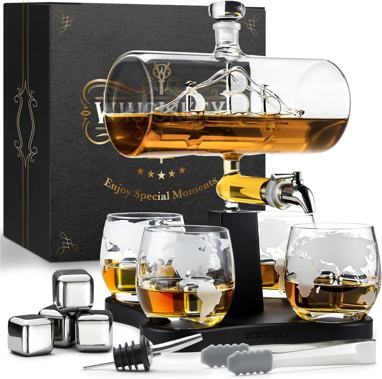 Luxury Ship Whiskey Decanter Set 1100ml with Glasses & Stones | Men's Gift Bar S - Kwikley