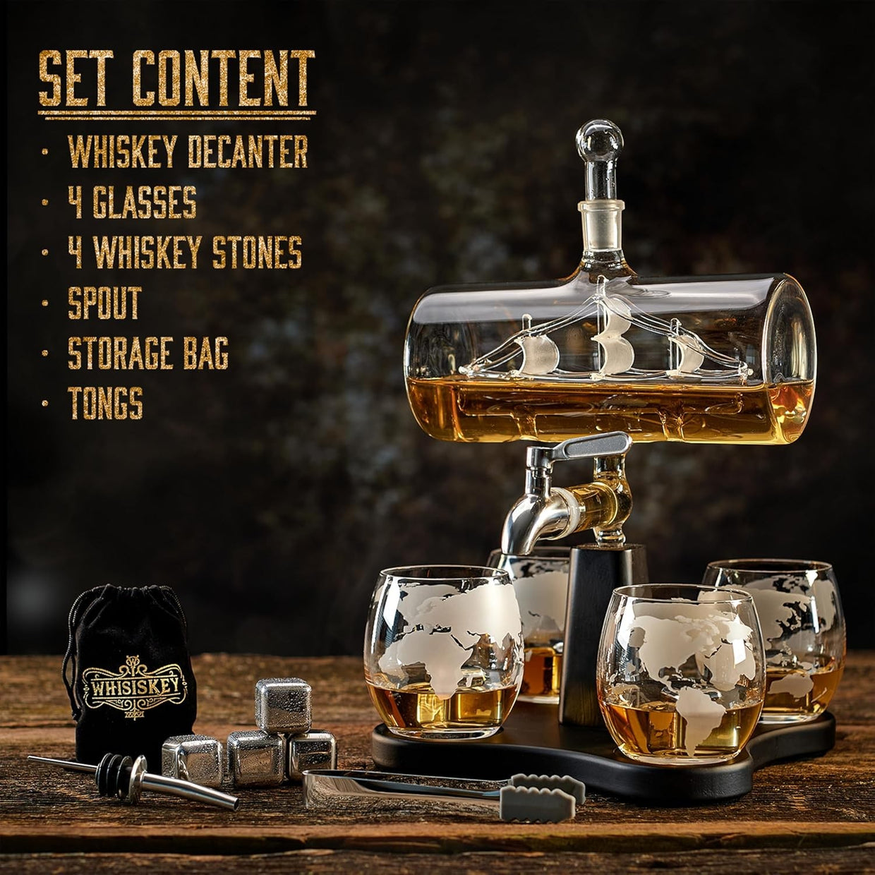 Luxury Ship Whiskey Decanter Set 1100ml with Glasses & Stones | Men's Gift Bar S - Kwikley