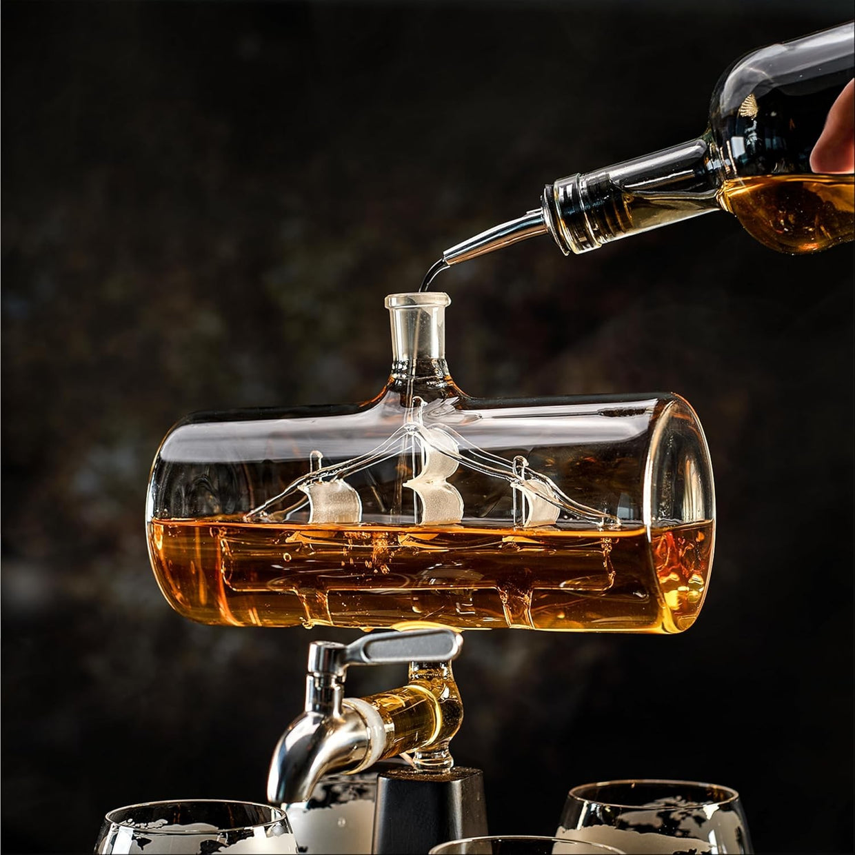 Luxury Ship Whiskey Decanter Set 1100ml with Glasses & Stones | Men's Gift Bar S - Kwikley