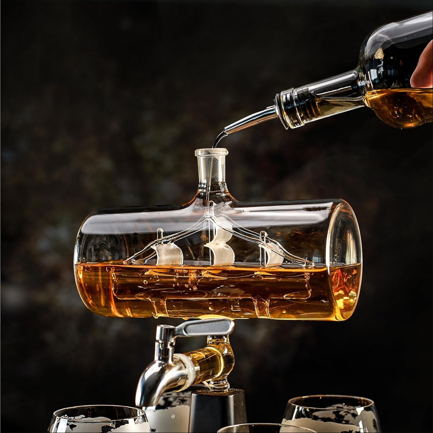 Luxury Ship Whiskey Decanter Set 1100ml with Glasses & Stones | Men's Gift Bar S - Kwikley