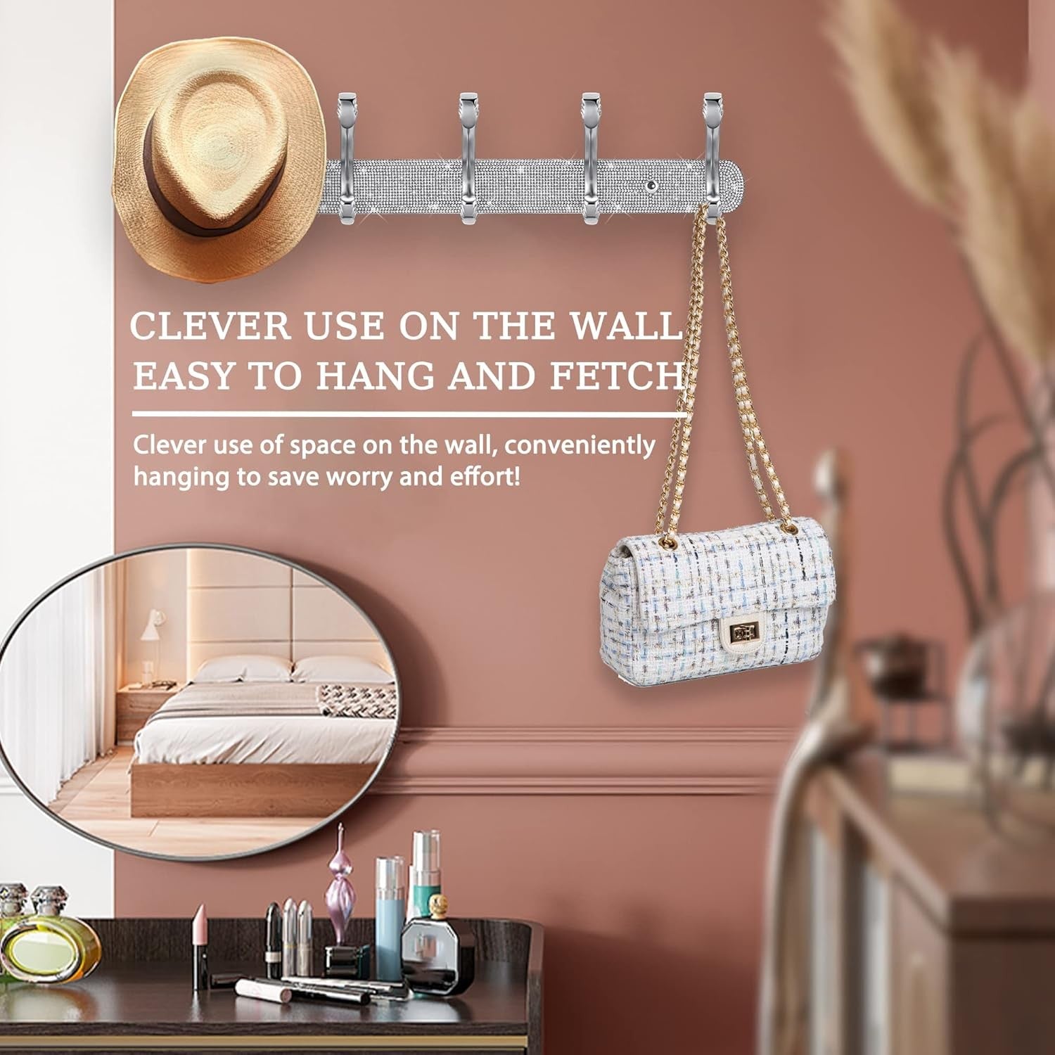 Luxury Silver Wall Coat Hooks Set | Rhinestone 5 - Hook Rack for Coats Keys Hats - Kwikley