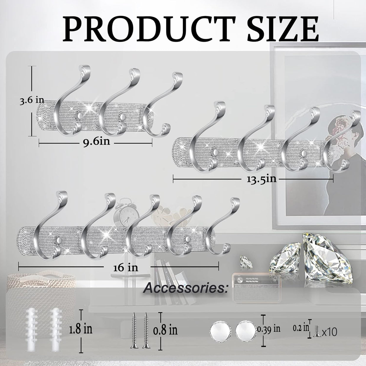 Luxury Silver Wall Coat Hooks Set | Rhinestone 5 - Hook Rack for Coats Keys Hats - Kwikley