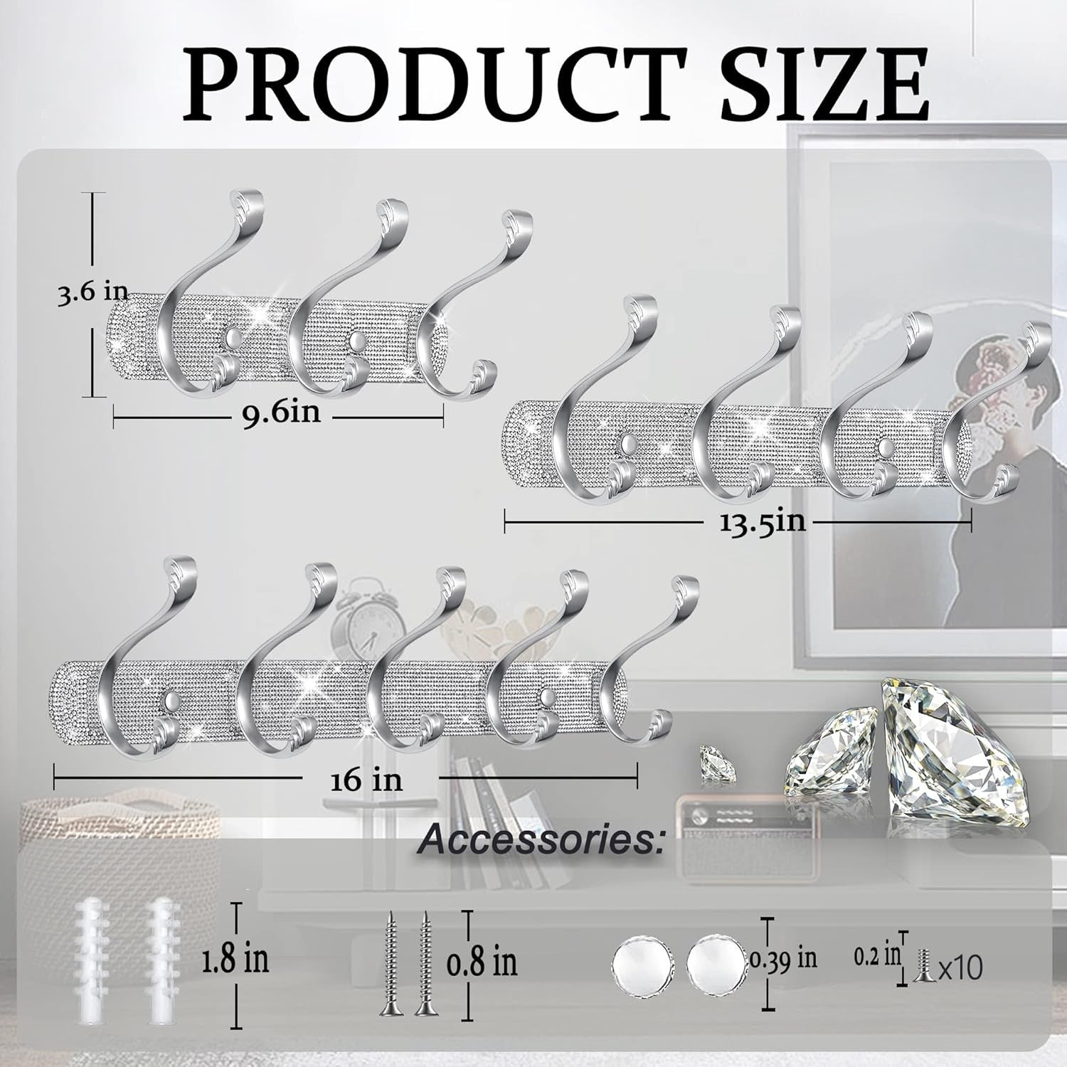 Luxury Silver Wall Coat Hooks Set | Rhinestone 5 - Hook Rack for Coats Keys Hats - Kwikley