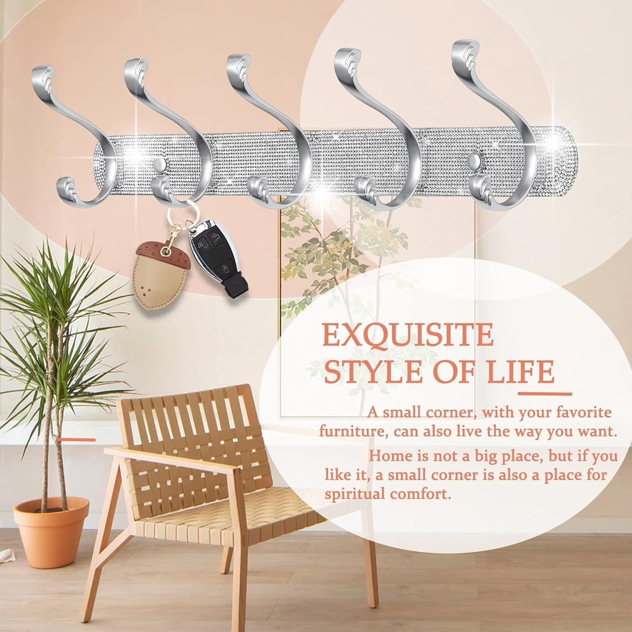 Luxury Silver Wall Coat Hooks Set | Rhinestone 5 - Hook Rack for Coats Keys Hats - Kwikley