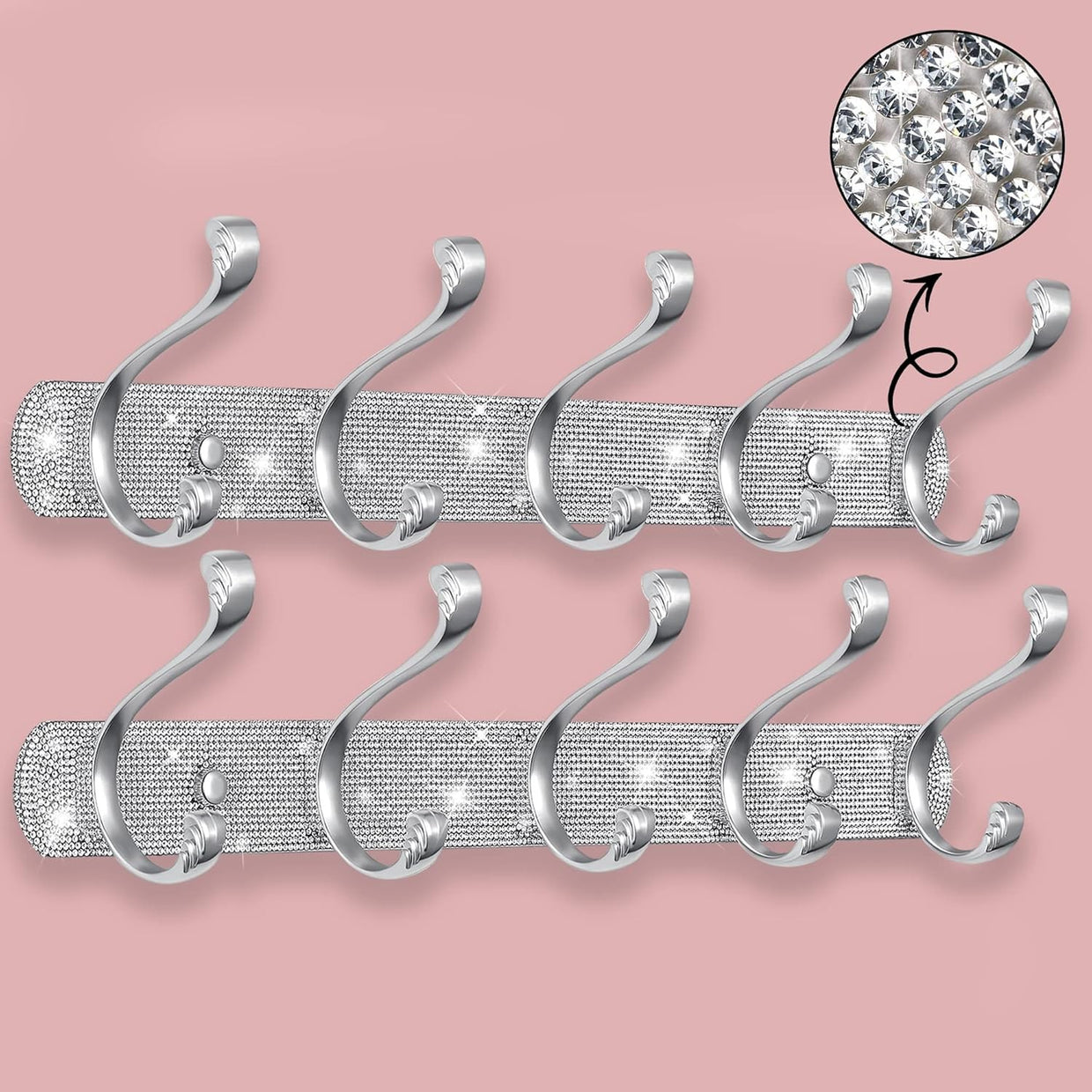 Luxury Silver Wall Coat Hooks Set | Rhinestone 5 - Hook Rack for Coats Keys Hats - Kwikley