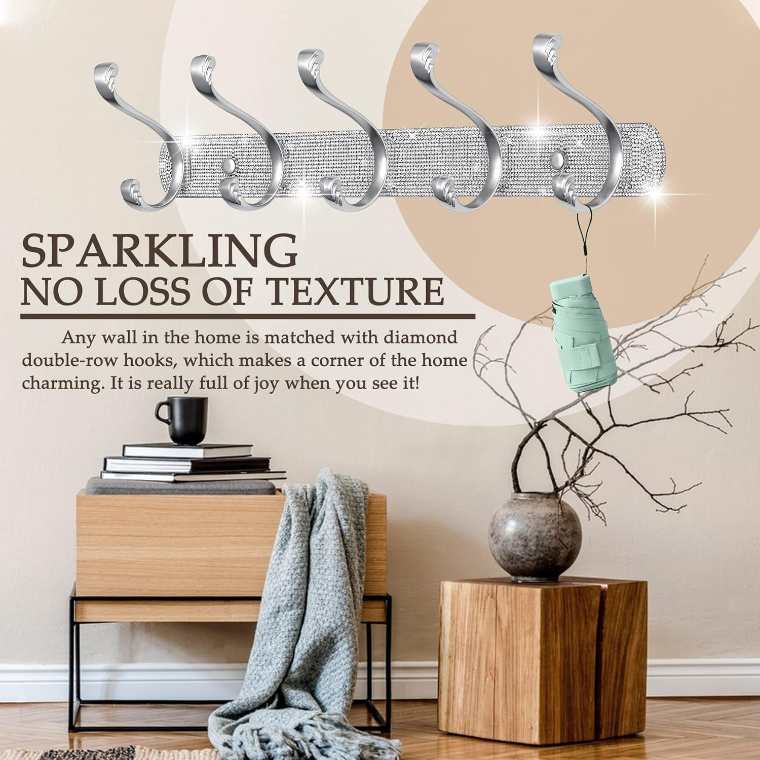 Luxury Silver Wall Coat Hooks Set | Rhinestone 5 - Hook Rack for Coats Keys Hats - Kwikley