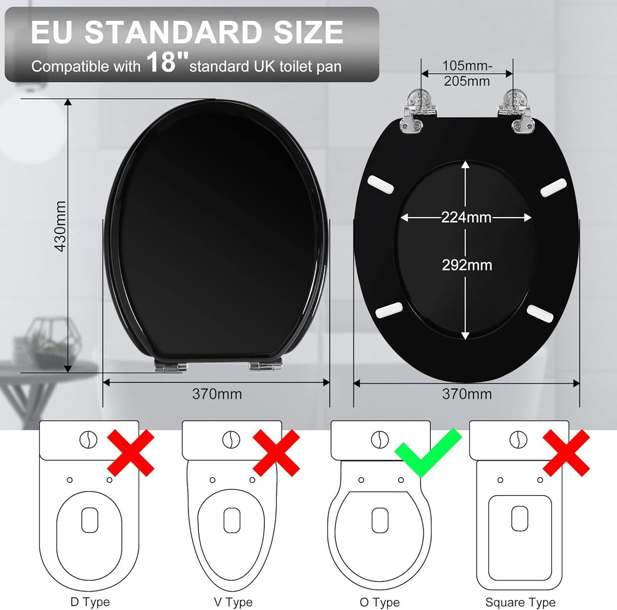 Luxury Soft Close Wooden Toilet Seat Black | Adjustable Hinges Quick Release - Kwikley