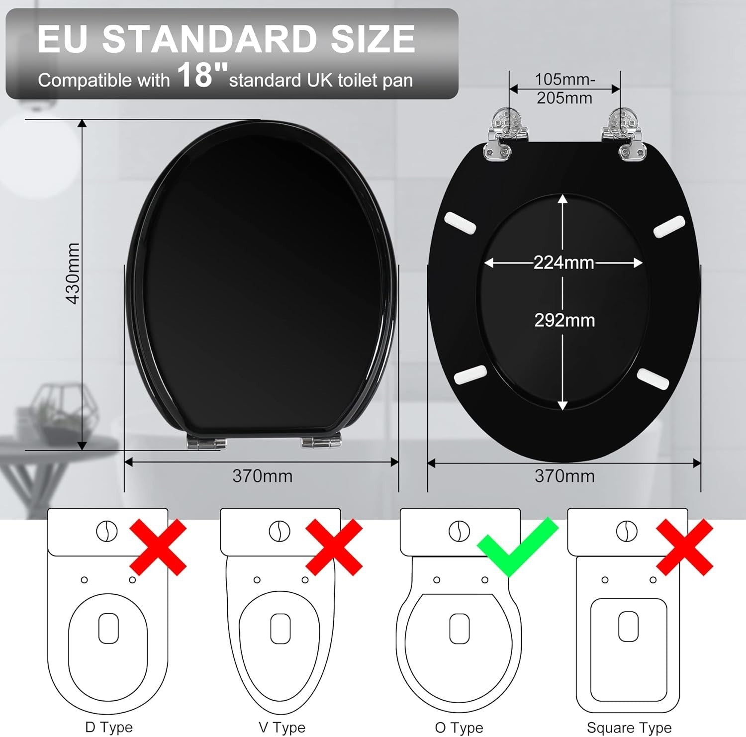 Luxury Soft Close Wooden Toilet Seat Black | Adjustable Hinges Quick Release - Kwikley