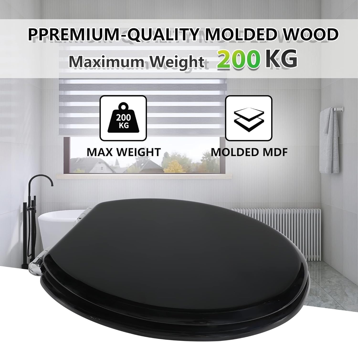 Luxury Soft Close Wooden Toilet Seat Black | Adjustable Hinges Quick Release - Kwikley