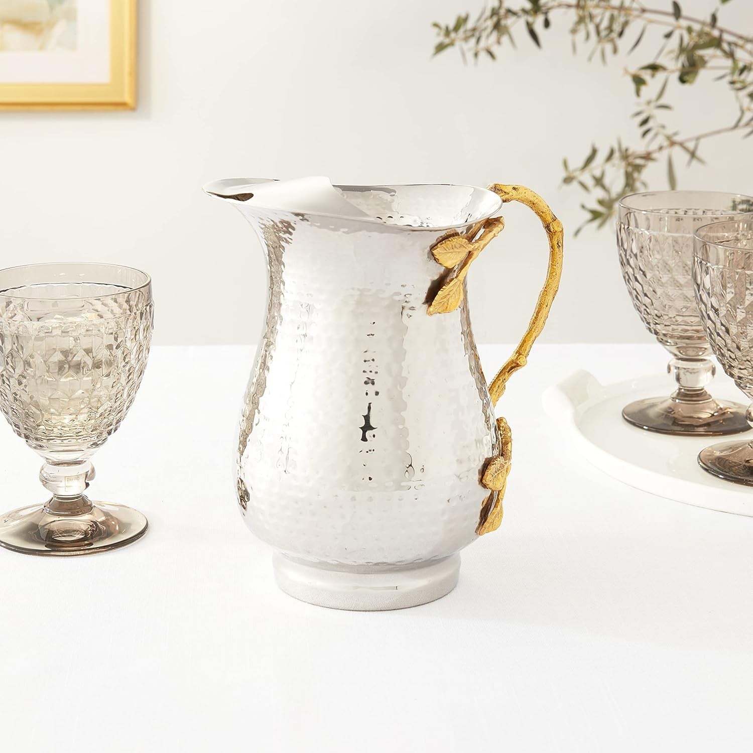 Luxury Stainless Steel Water Pitcher Hammered Silver Gold Handle 1.5Qt - Kwikley