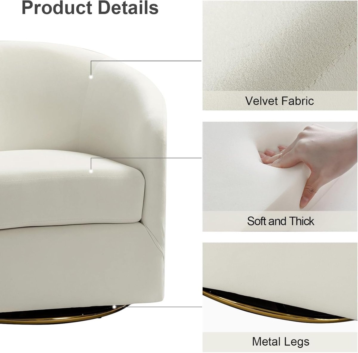 Luxury Swivel Accent Chair Velvet Upholstered Barrel Seat with Gold Base - Kwikley