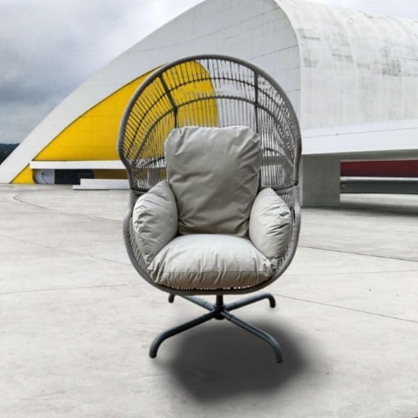 Luxury Swivel Egg Chair with Cushions & Weather Cover – Grey Rattan Garden Seat - Kwikley