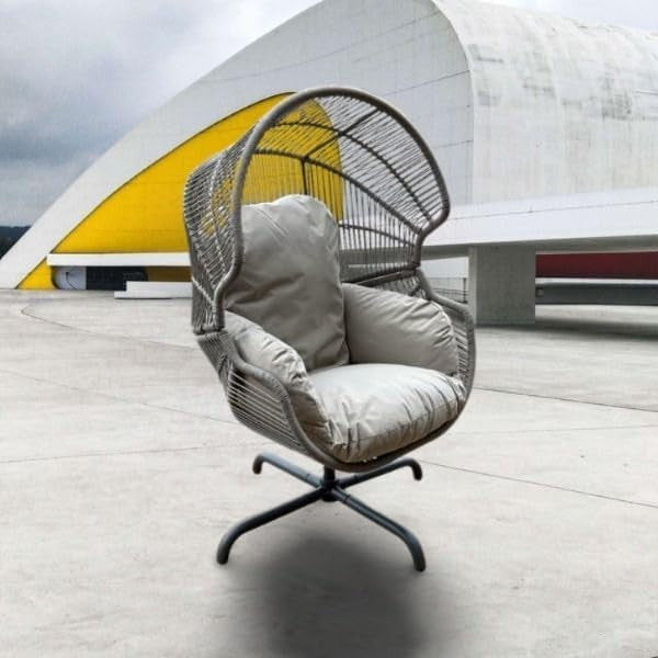Luxury Swivel Egg Chair with Cushions & Weather Cover – Grey Rattan Garden Seat - Kwikley