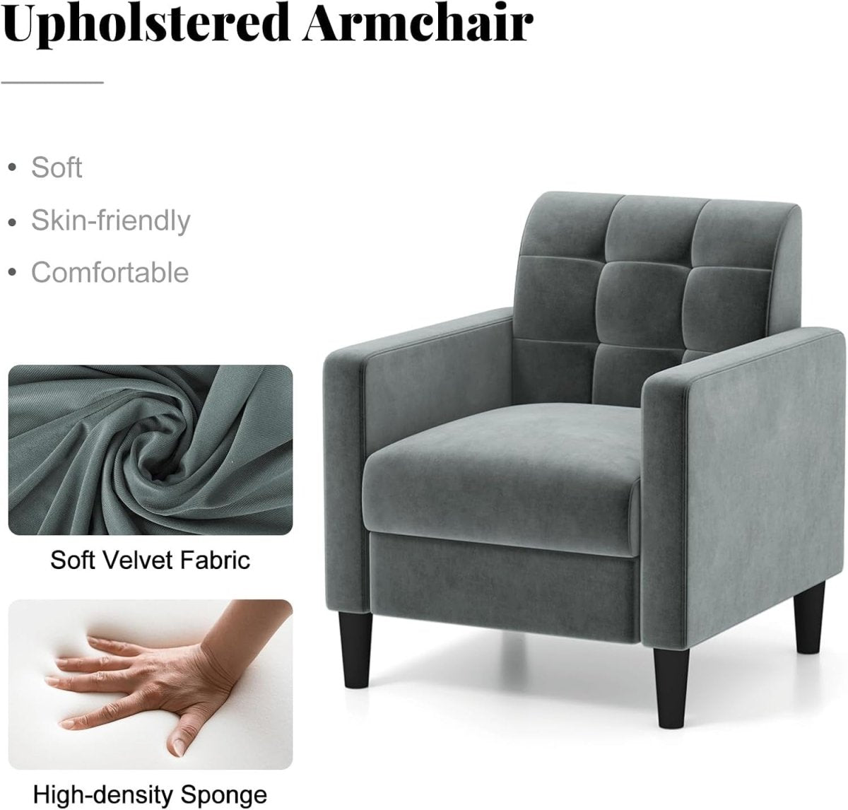 Luxury Velvet Accent Chair with Tufted Back, Mid-Century Modern Lounge Sofa - Kwikley
