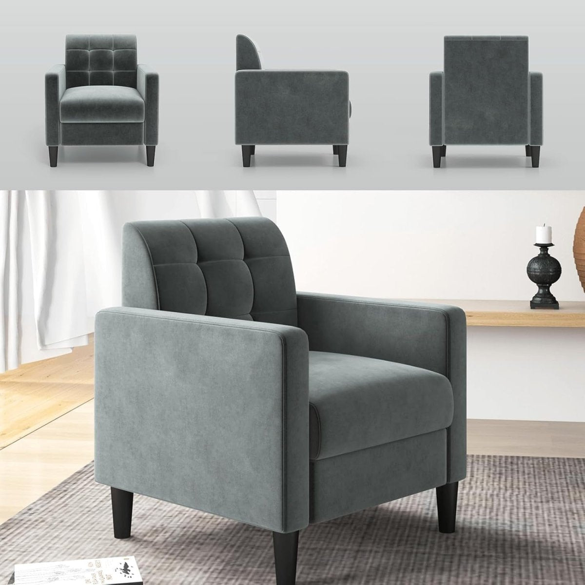 Luxury Velvet Accent Chair with Tufted Back, Mid-Century Modern Lounge Sofa - Kwikley