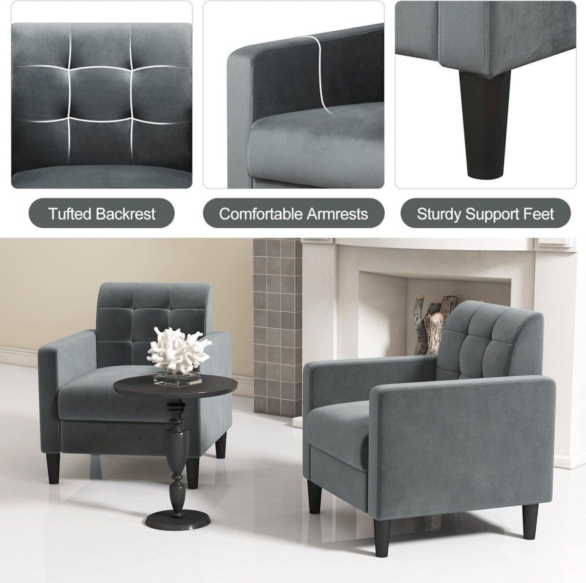 Luxury Velvet Accent Chair with Tufted Back, Mid-Century Modern Lounge Sofa - Kwikley