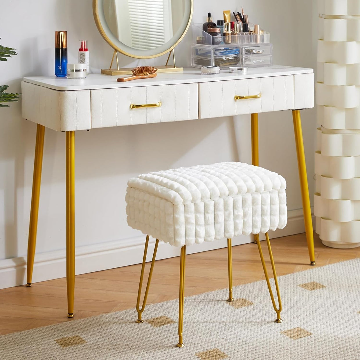 Luxury Velvet Footrest Stool Ottoman Grey, Compact Makeup Vanity Seat - Kwikley