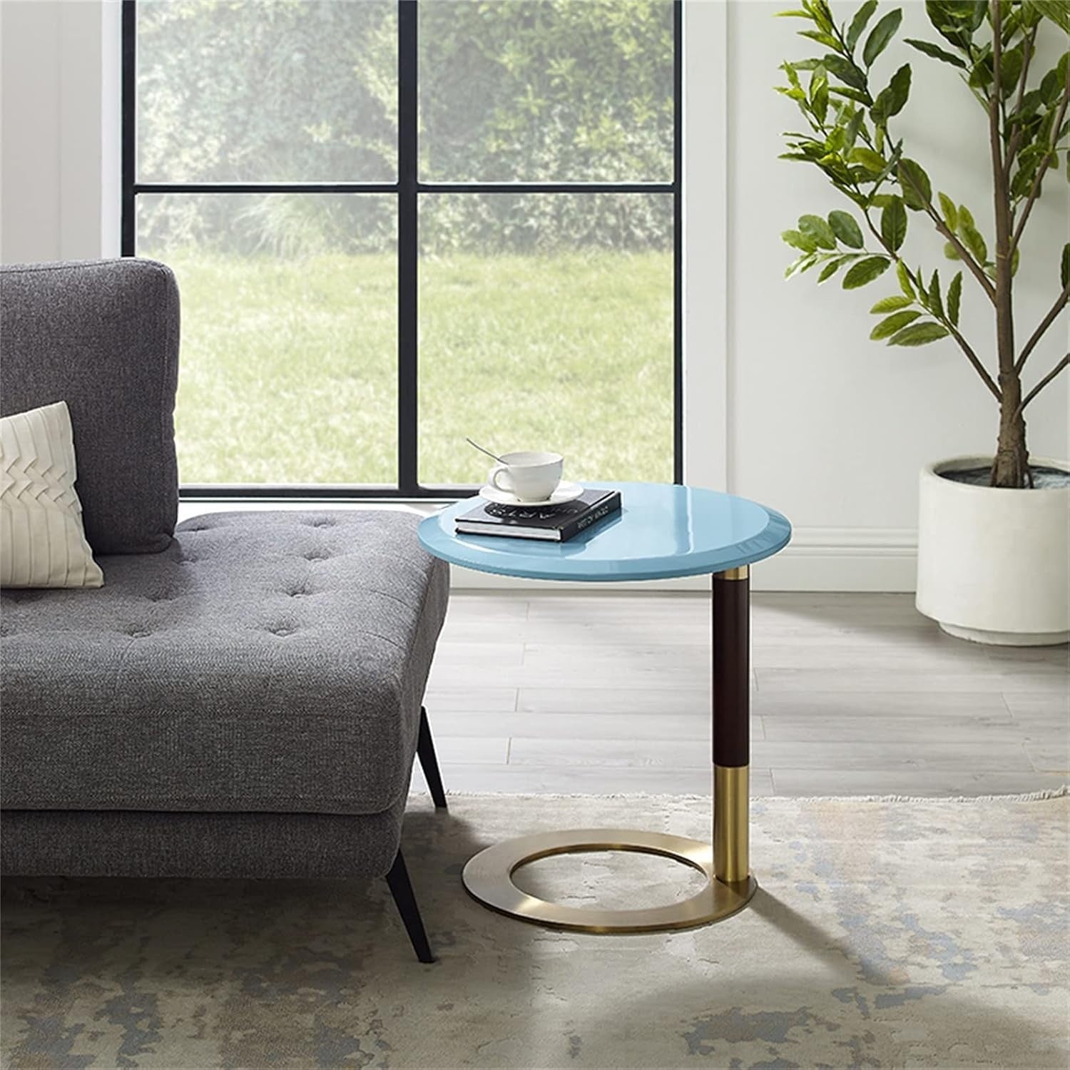 Luxury Walnut Side Table 50x50cm | U - Shape Coffee Sofa Nightstand Blue - Kwikley