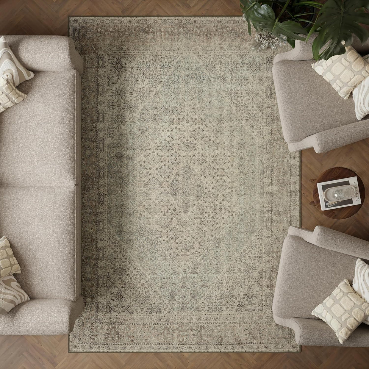Luxury Washable Rug 200x290cm Non - Slip Soft Vintage Style Area Carpet Beige Sand - Kwikley