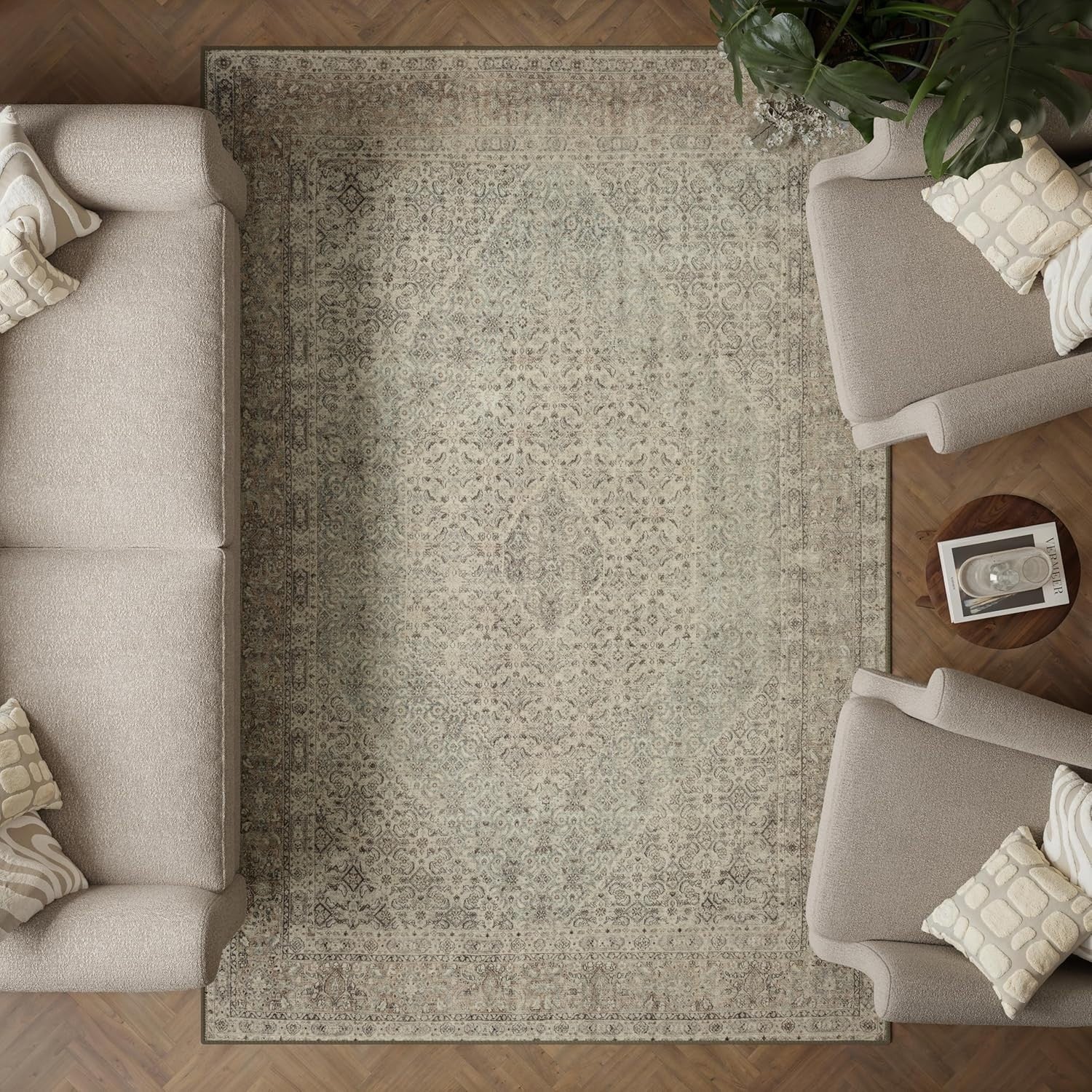 Luxury Washable Rug 200x290cm Non - Slip Soft Vintage Style Area Carpet Beige Sand - Kwikley