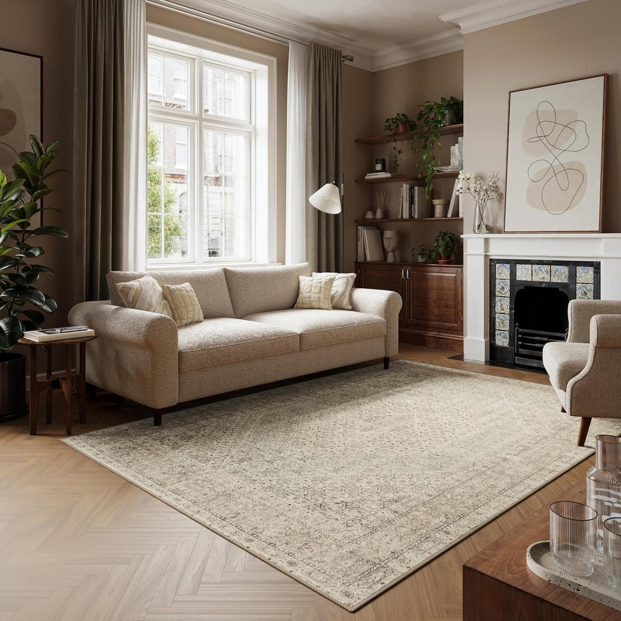Luxury Washable Rug 200x290cm Non - Slip Soft Vintage Style Area Carpet Beige Sand - Kwikley