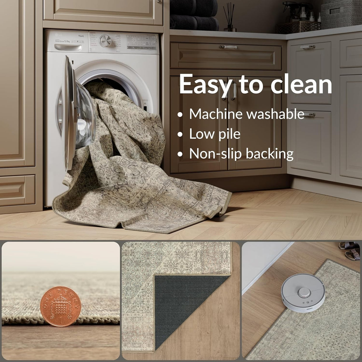 Luxury Washable Rug 200x290cm Non - Slip Soft Vintage Style Area Carpet Beige Sand - Kwikley