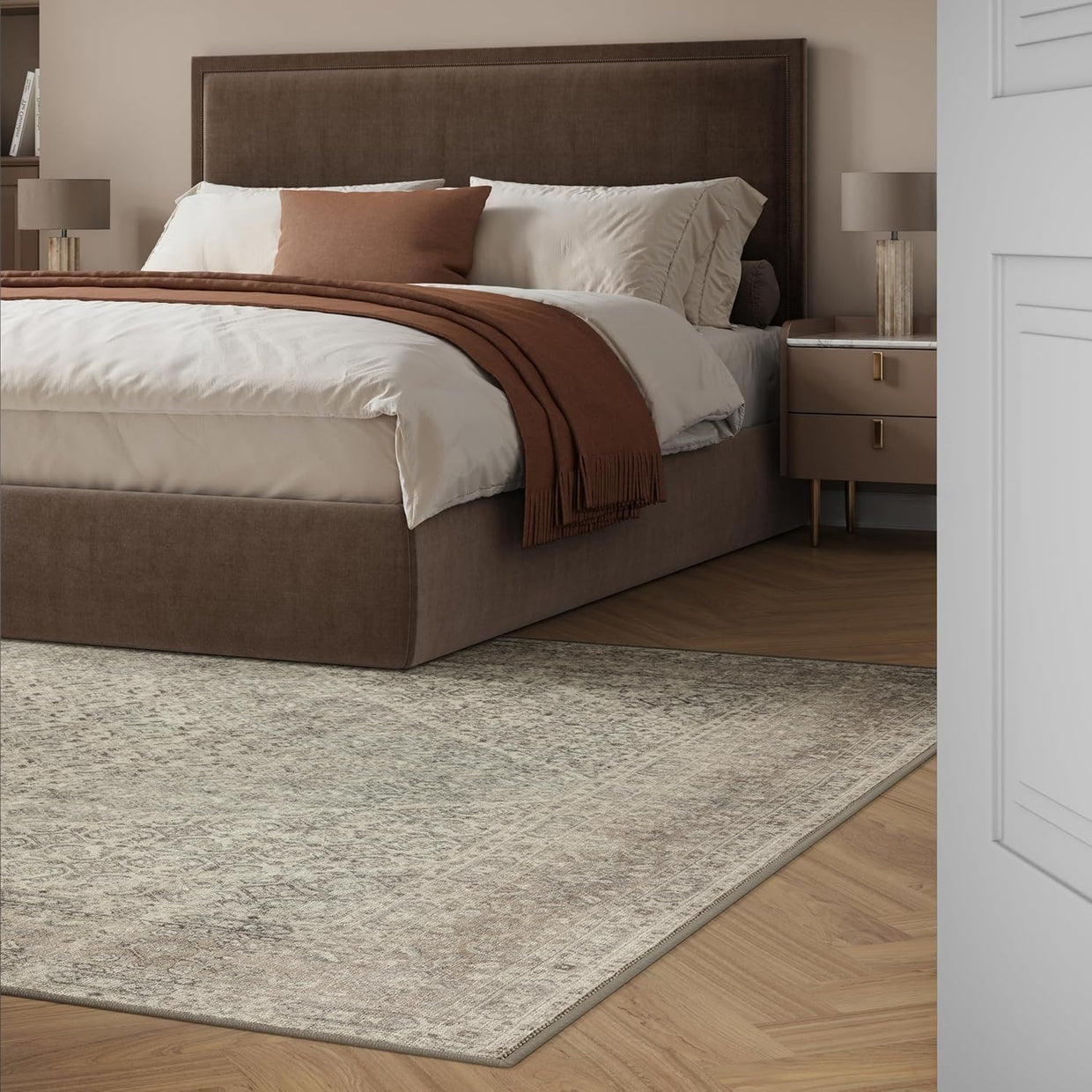 Luxury Washable Rug 200x290cm Non - Slip Soft Vintage Style Area Carpet Beige Sand - Kwikley