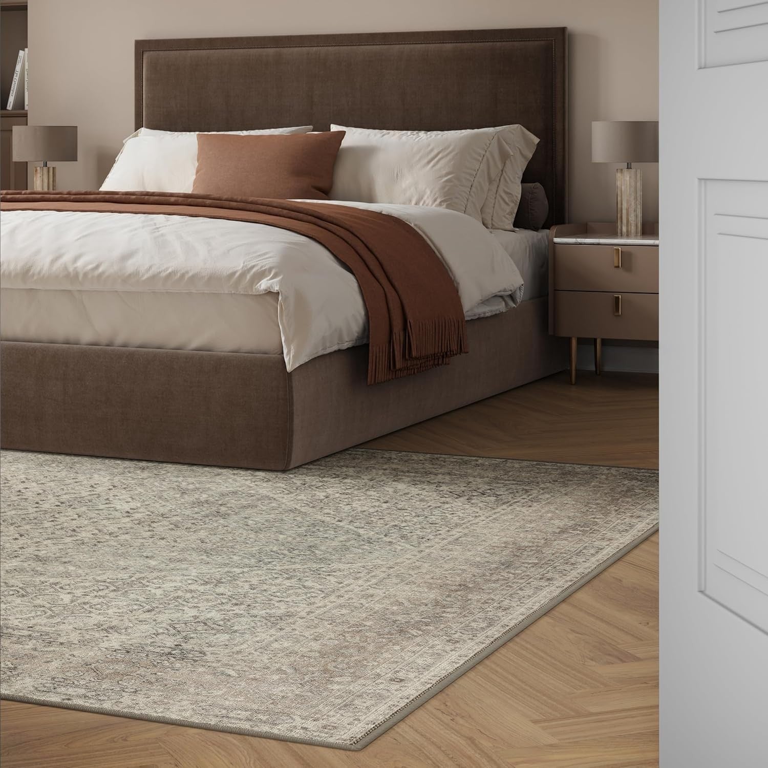 Luxury Washable Rug 200x290cm Non - Slip Soft Vintage Style Area Carpet Beige Sand - Kwikley