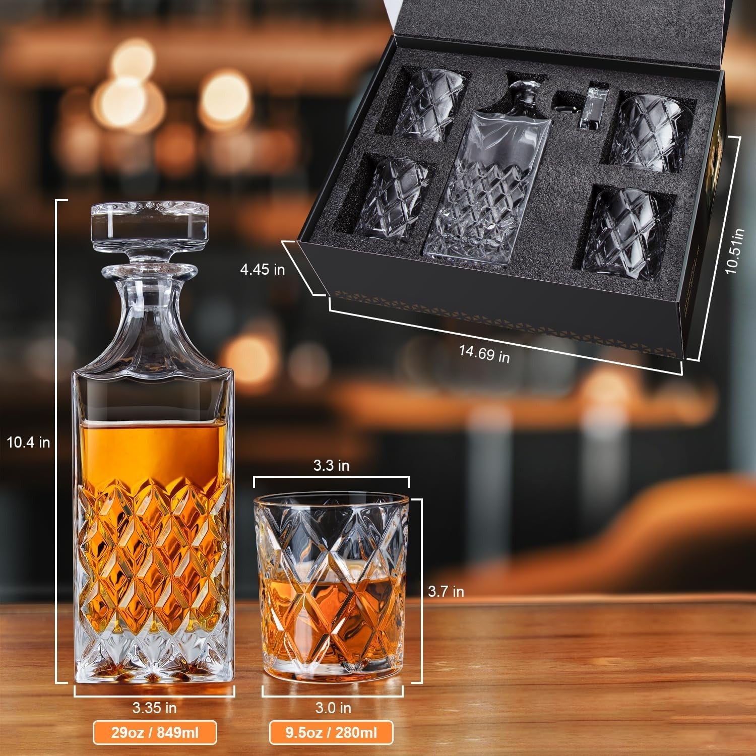 Luxury Whiskey Decanter Set 849ml with 4 Crystal Glasses & Gift Box Barware - Kwikley