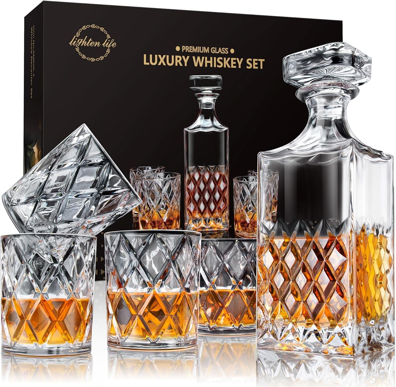 Luxury Whiskey Decanter Set 849ml with 4 Crystal Glasses & Gift Box Barware - Kwikley