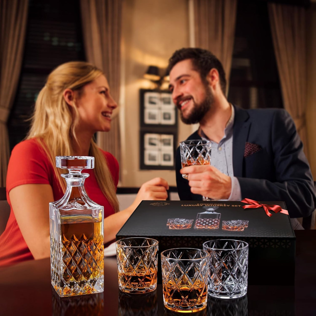 Luxury Whiskey Decanter Set 849ml with 4 Crystal Glasses & Gift Box Barware - Kwikley