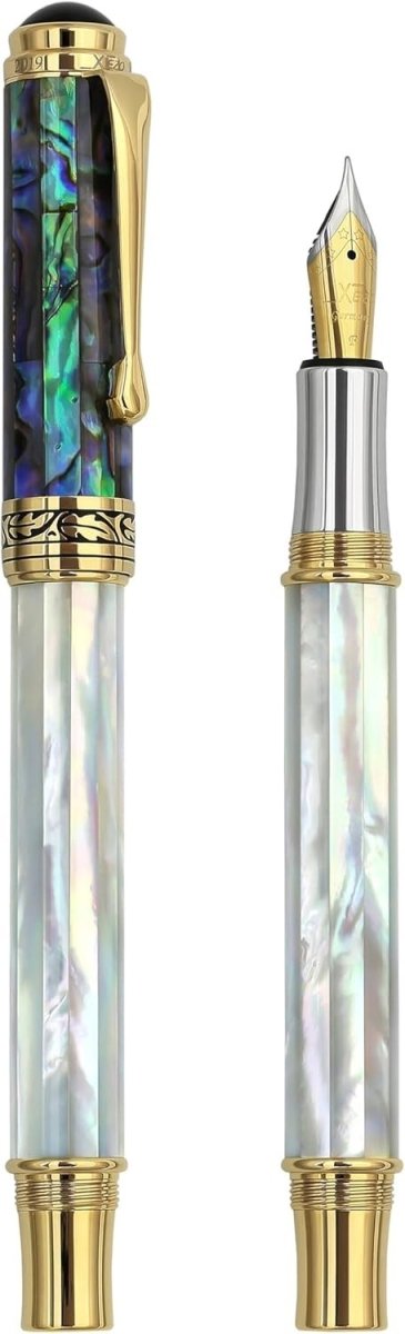 Luxury White Mother of Pearl & Blue Pāua Shell Fountain Pen Fine Nib - Kwikley