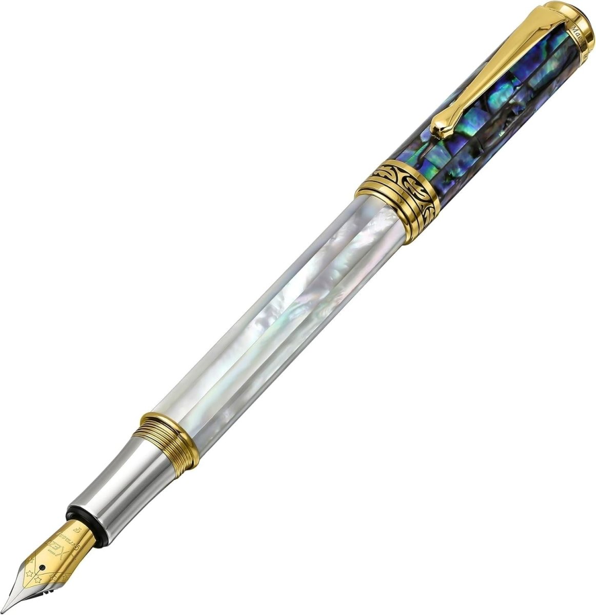 Luxury White Mother of Pearl & Blue Pāua Shell Fountain Pen Fine Nib - Kwikley