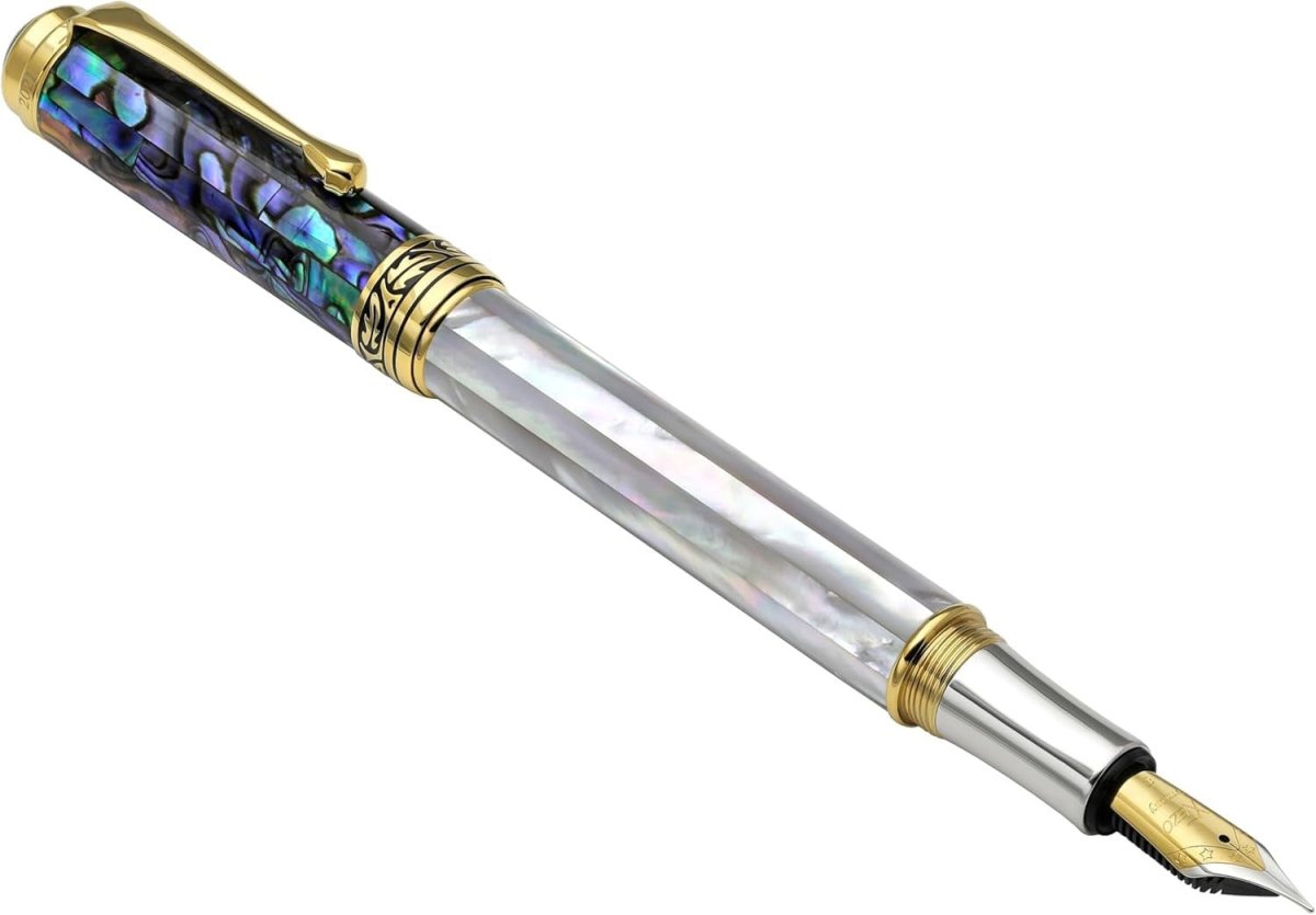 Luxury White Mother of Pearl & Blue Pāua Shell Fountain Pen Fine Nib - Kwikley