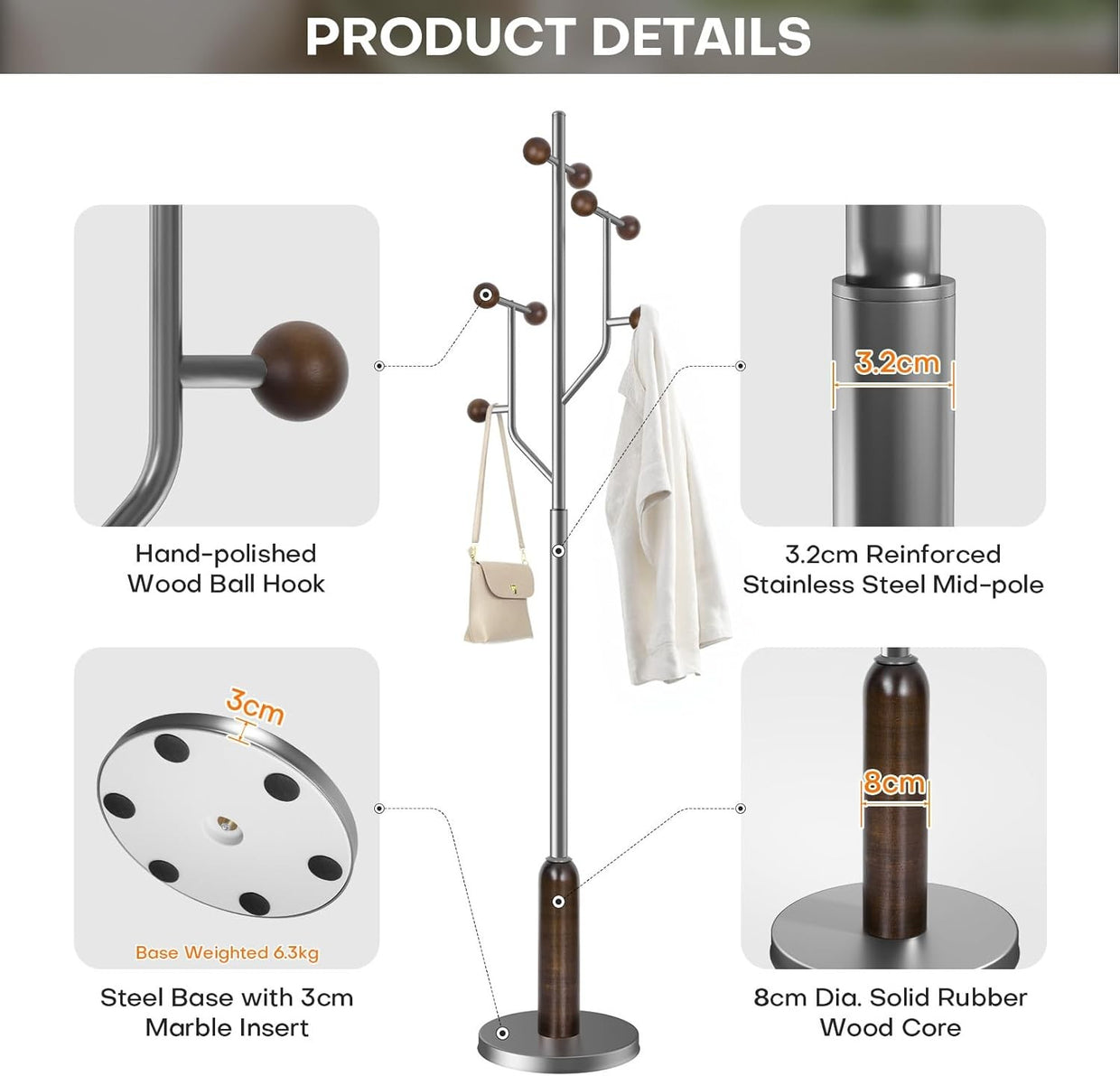 Luxury Wood & Steel Coat Rack 180cm Tree Branch Design Marble Base Stand - Kwikley