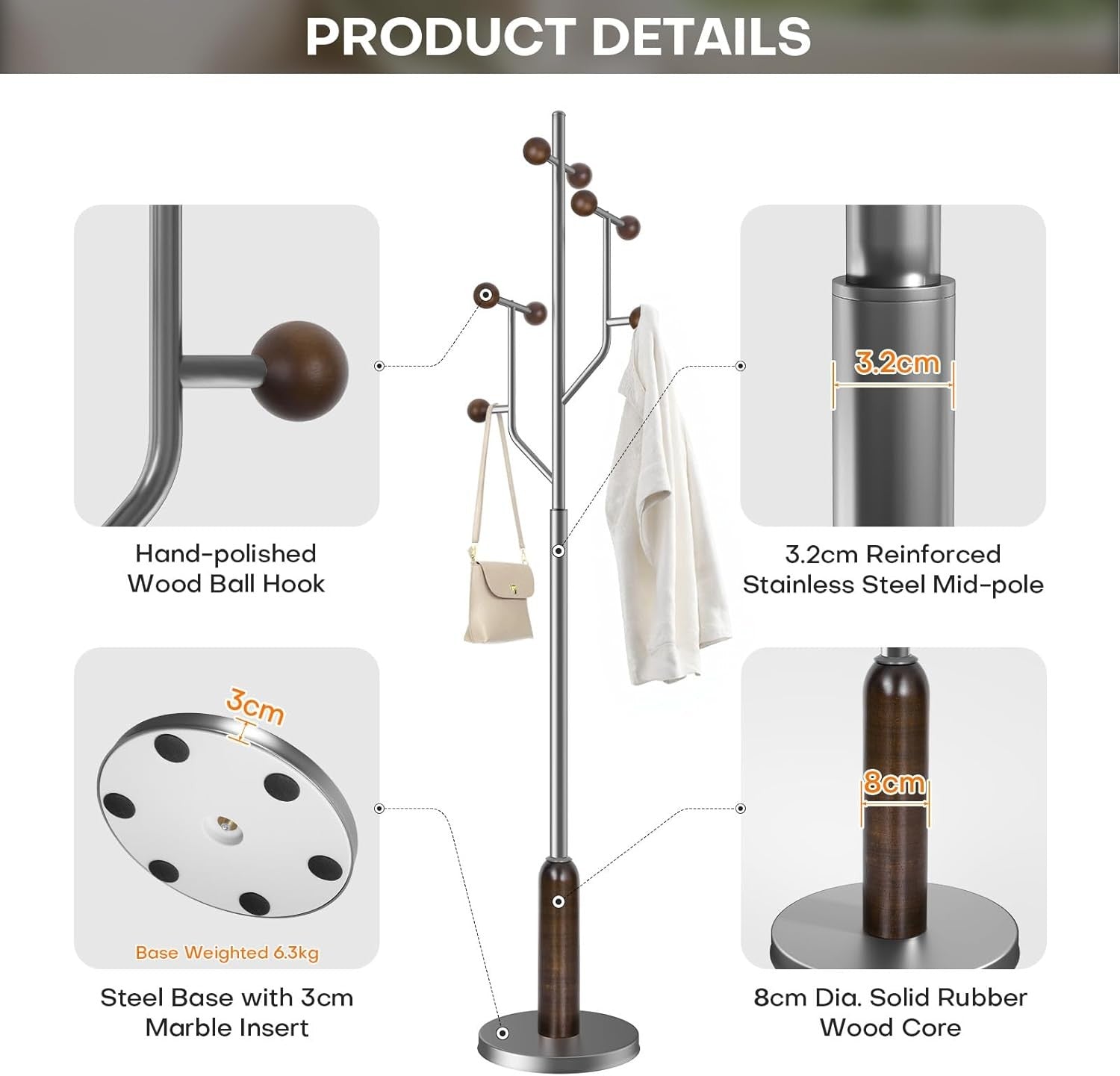 Luxury Wood & Steel Coat Rack 180cm Tree Branch Design Marble Base Stand - Kwikley