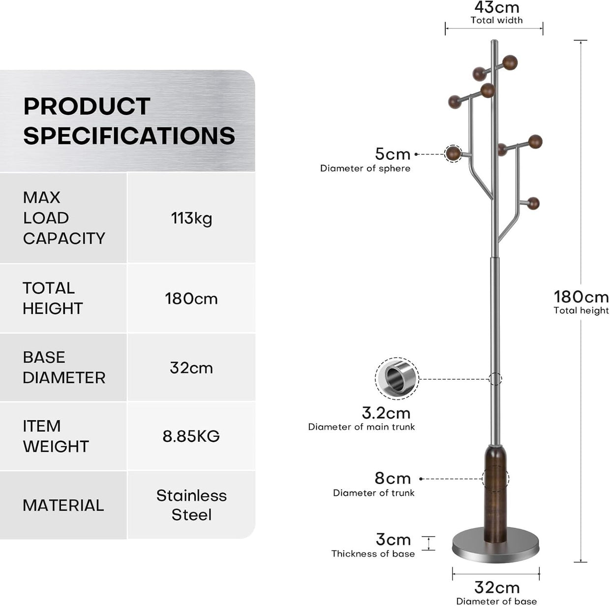 Luxury Wood & Steel Coat Rack 180cm Tree Branch Design Marble Base Stand - Kwikley
