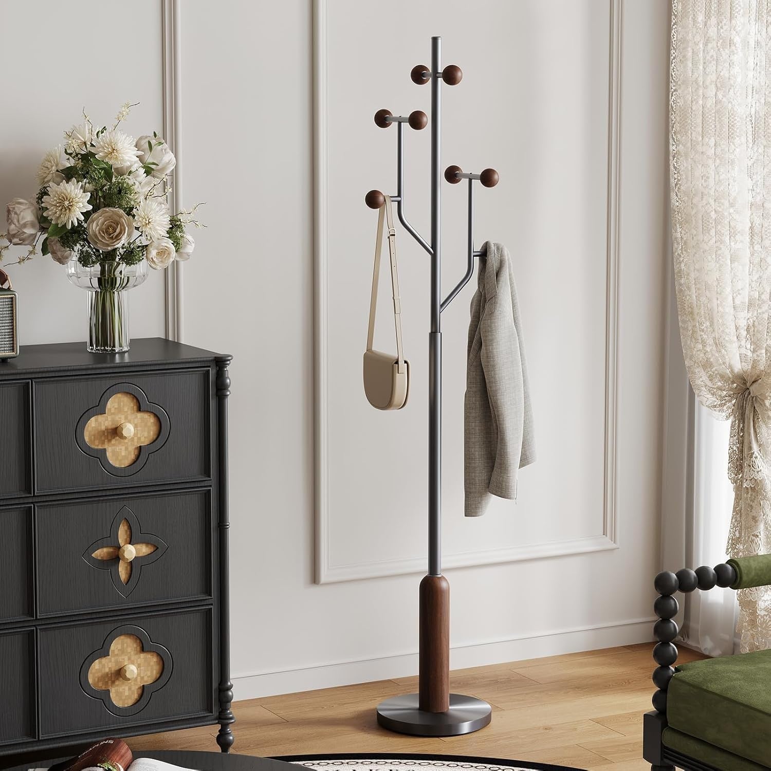 Luxury Wood & Steel Coat Rack 180cm Tree Branch Design Marble Base Stand - Kwikley