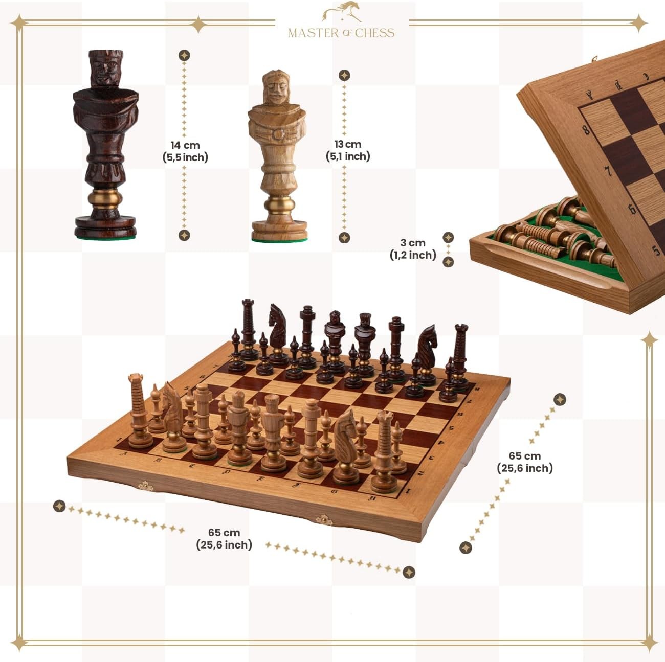 Luxury Wooden Chess Set 65cm • Hand - Carved Pieces • Foldable Board • Deluxe Gift - Kwikley
