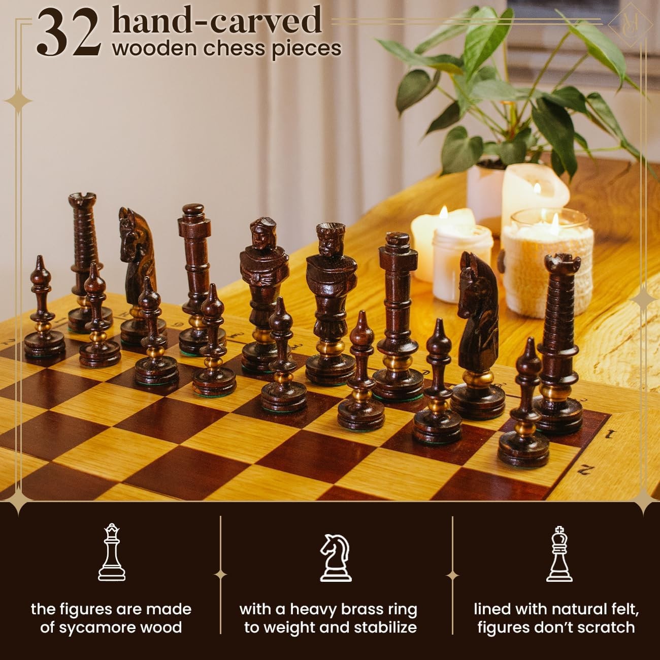 Luxury Wooden Chess Set 65cm • Hand - Carved Pieces • Foldable Board • Deluxe Gift - Kwikley