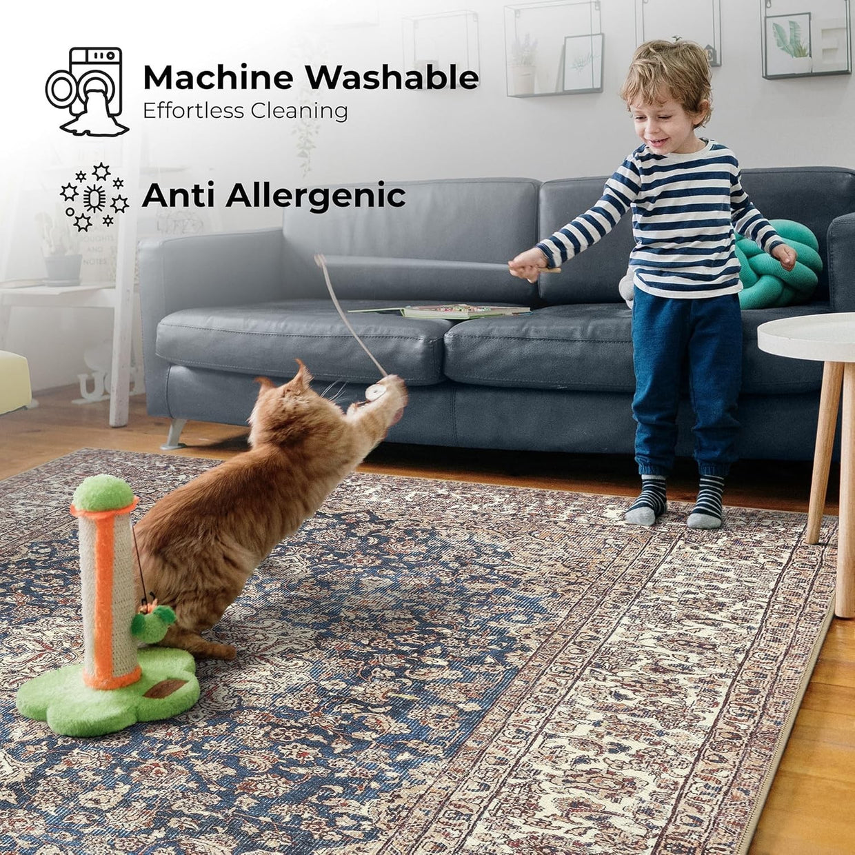 Machine Washable Rug 152x213cm Non - Slip Short Pile Vintage Area Carpet Home - Kwikley
