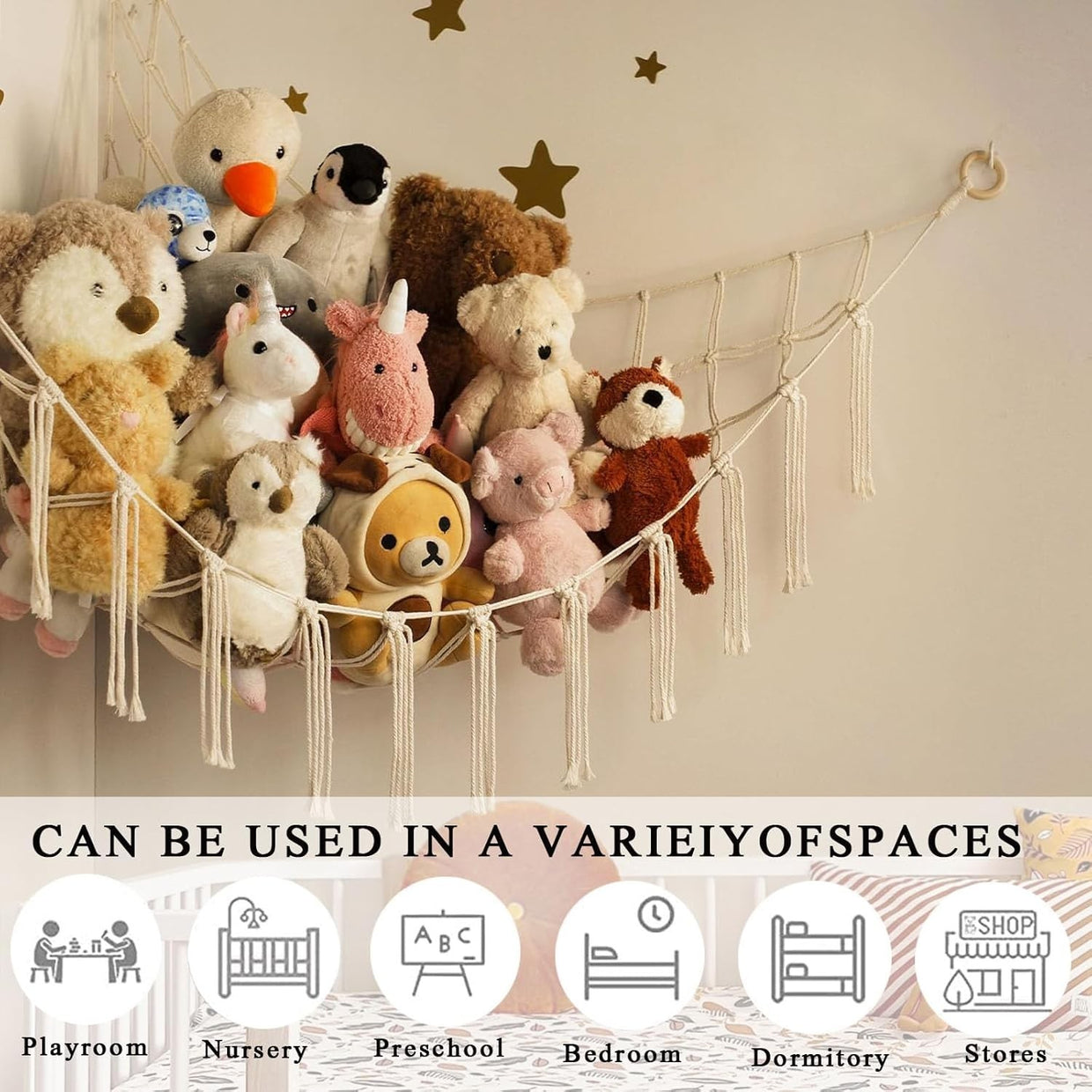 Macrame Toy Hammock with Hooks – Boho Plush Animal Storage Net for Kids Room - Kwikley