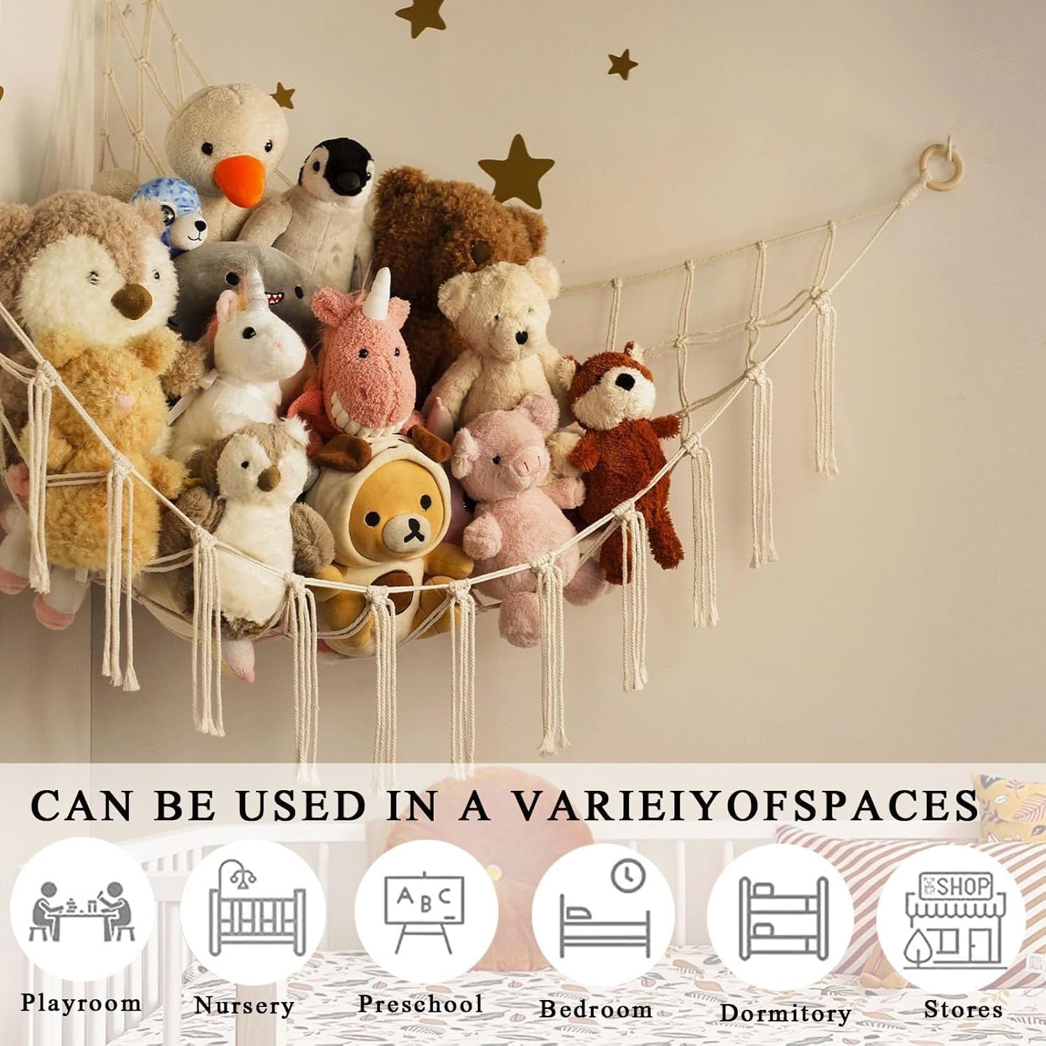 Macrame Toy Hammock with Hooks – Boho Plush Animal Storage Net for Kids Room - Kwikley