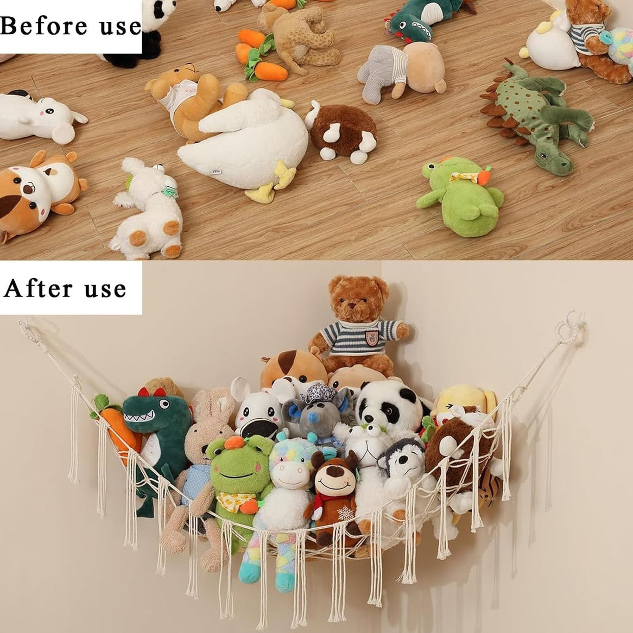 Macrame Toy Hammock with Hooks – Boho Plush Animal Storage Net for Kids Room - Kwikley