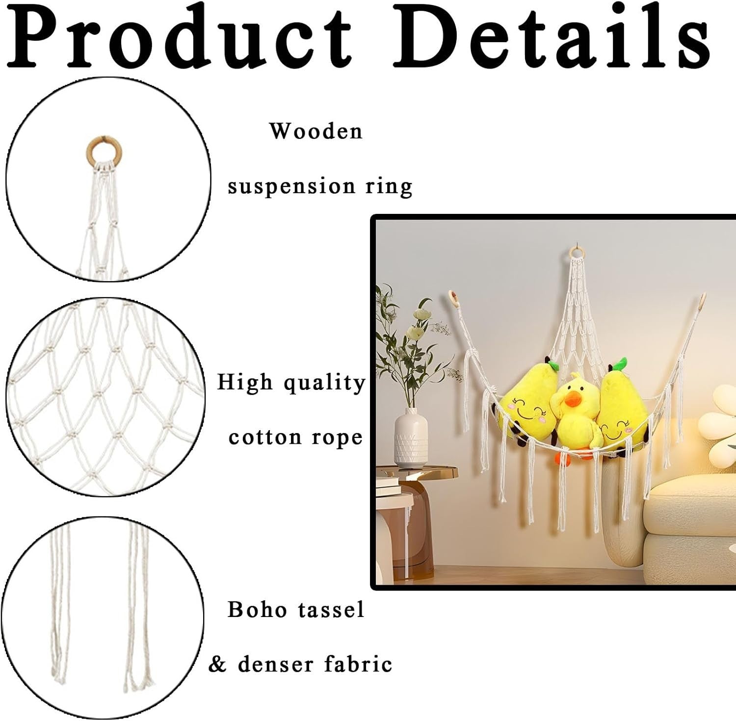 Macrame Toy Hammock with Hooks – Boho Plush Animal Storage Net for Kids Room - Kwikley